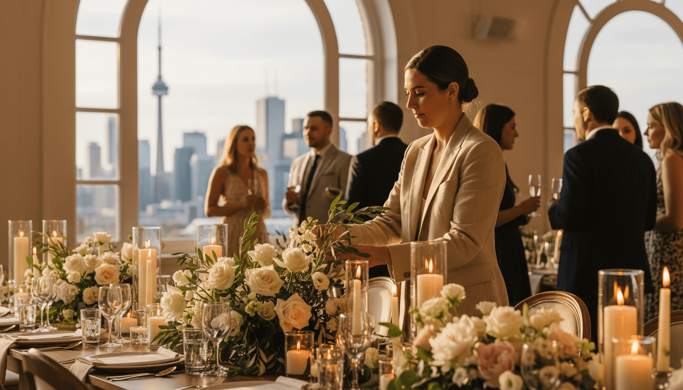 Event planner arranging table décor at a Toronto celebration