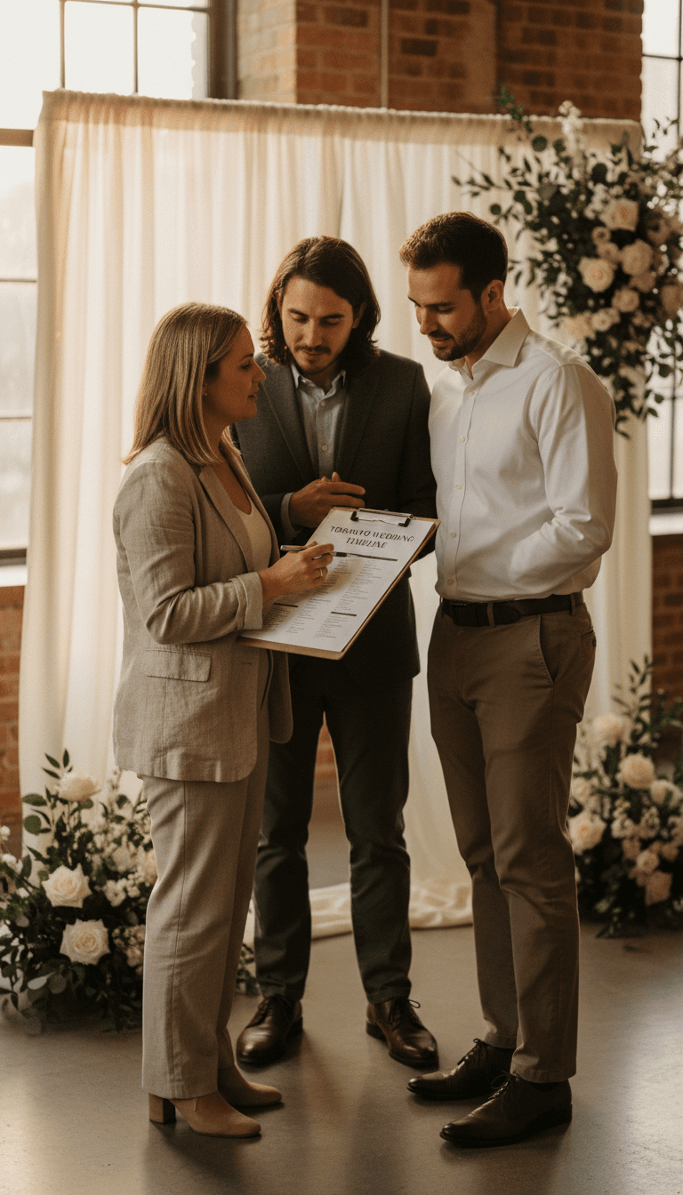 Event planner reviewing a timeline with clients at a Toronto venue