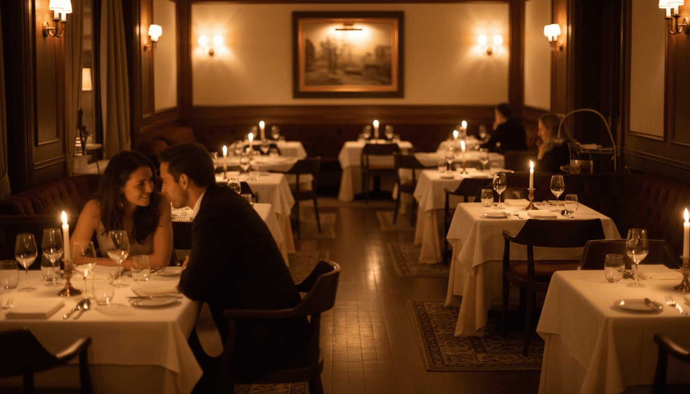 Intimate anniversary dinner table with candles and burgundy floral arrangements