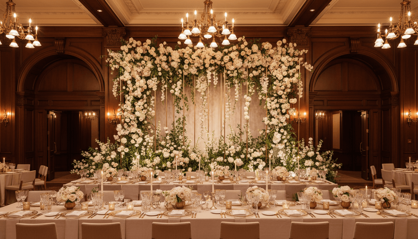 Event planner arranging floral centerpieces at a Toronto venue