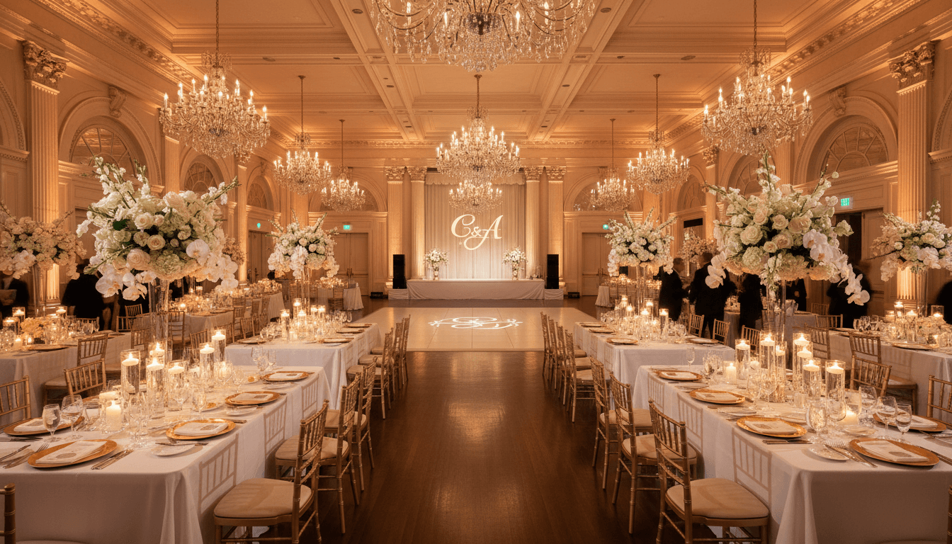 Elegant wedding reception ballroom with white floral centerpieces and candlelight