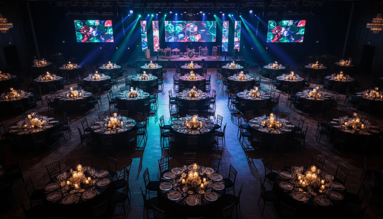 Corporate gala stage with navy and gold geometric backdrop and LED lighting