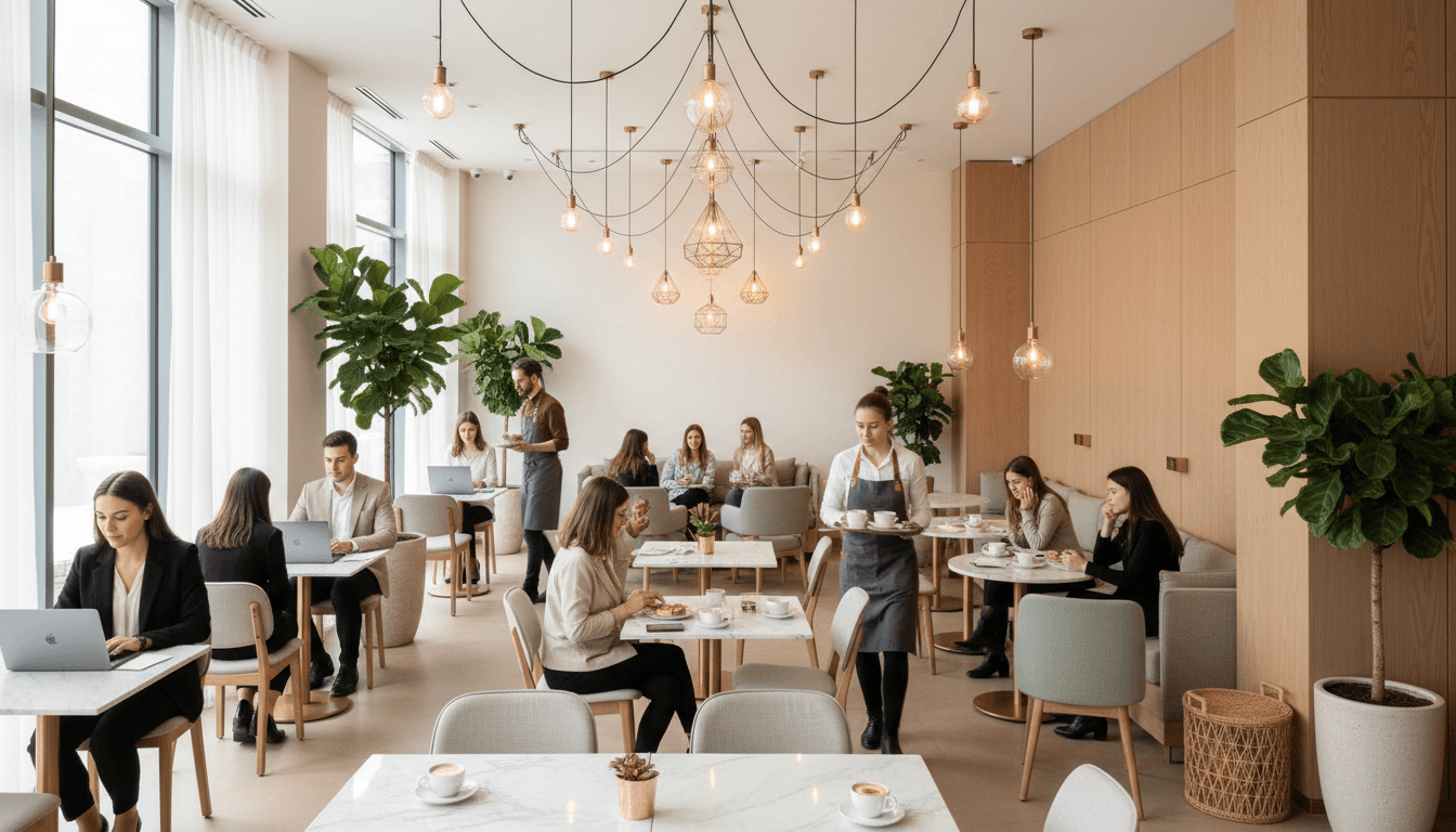Modern conference breakout lounge with branded pillows and a coffee bar